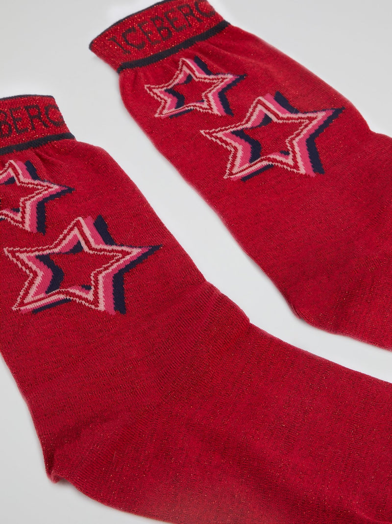 Red Star Print Glitter Socks