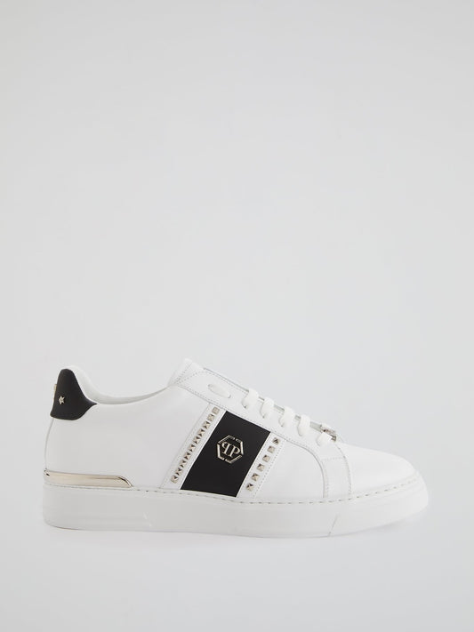 White Contrast Studded Leather Sneakers
