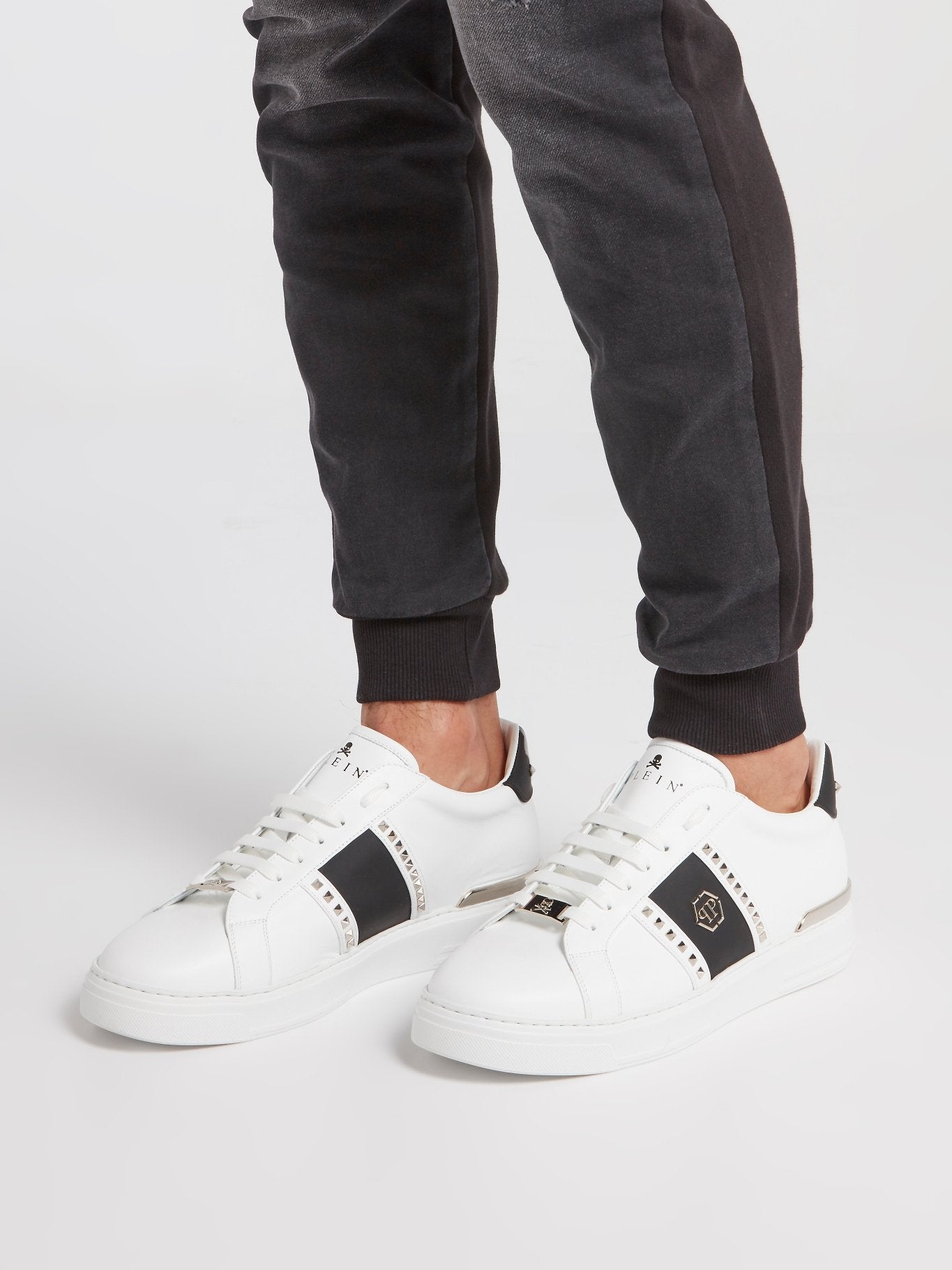 White Contrast Studded Leather Sneakers