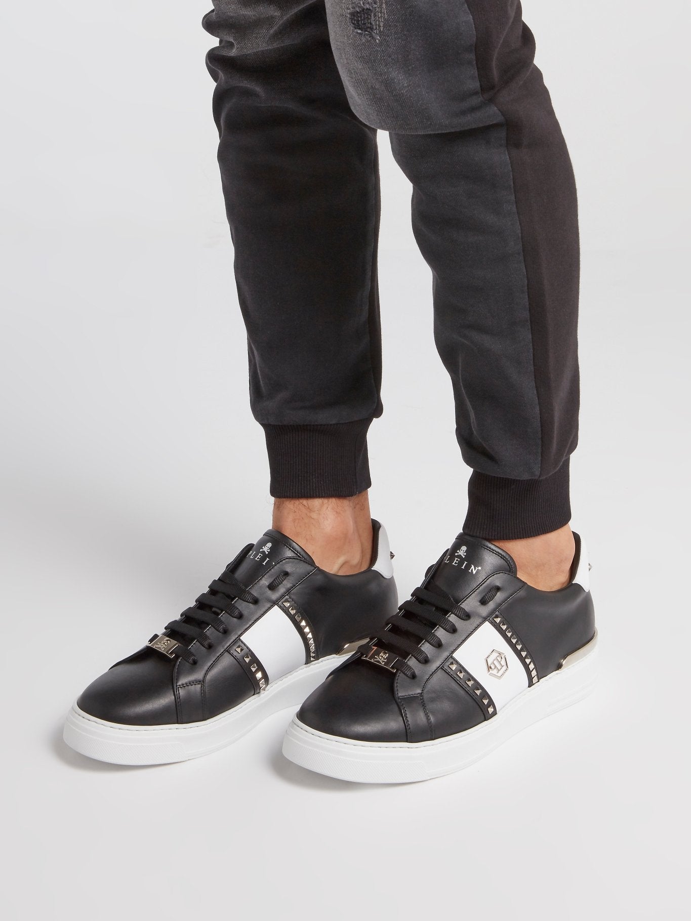 Black Contrast Studded Leather Sneakers