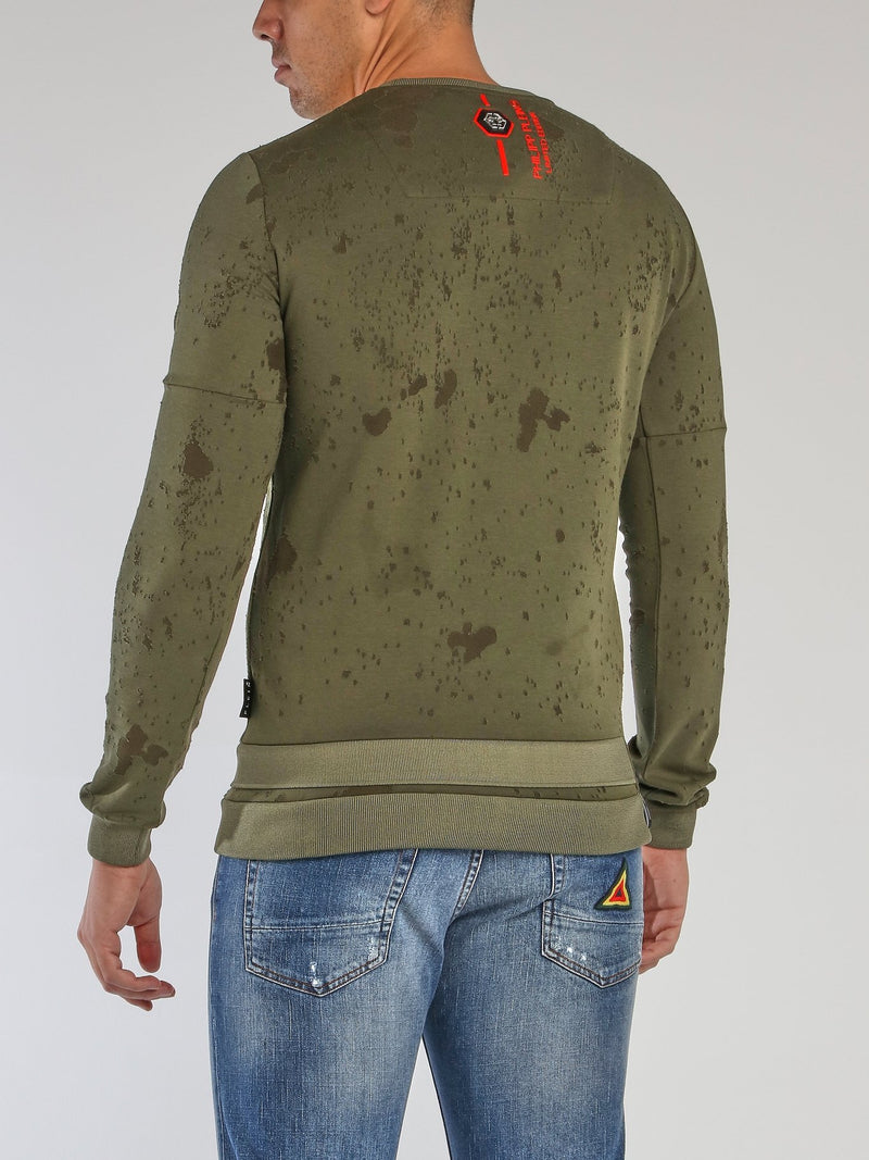 Green Side Zip Distressed Sweatshirt