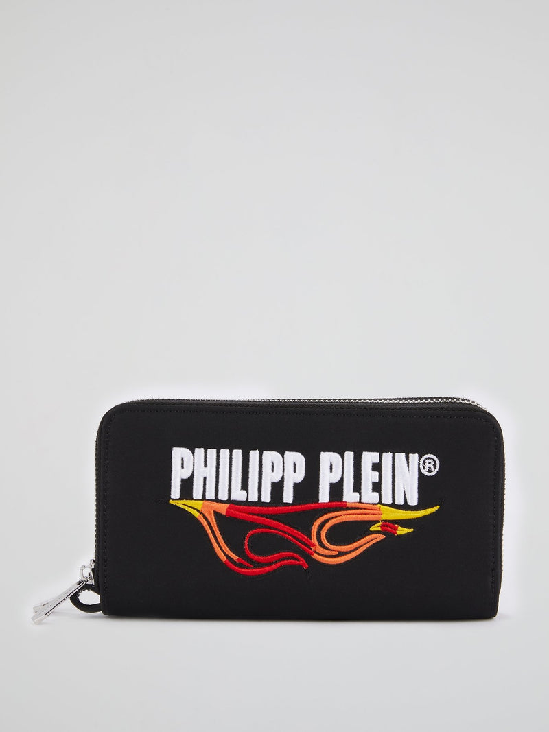 Black Flame Embroidered Continental Wallet