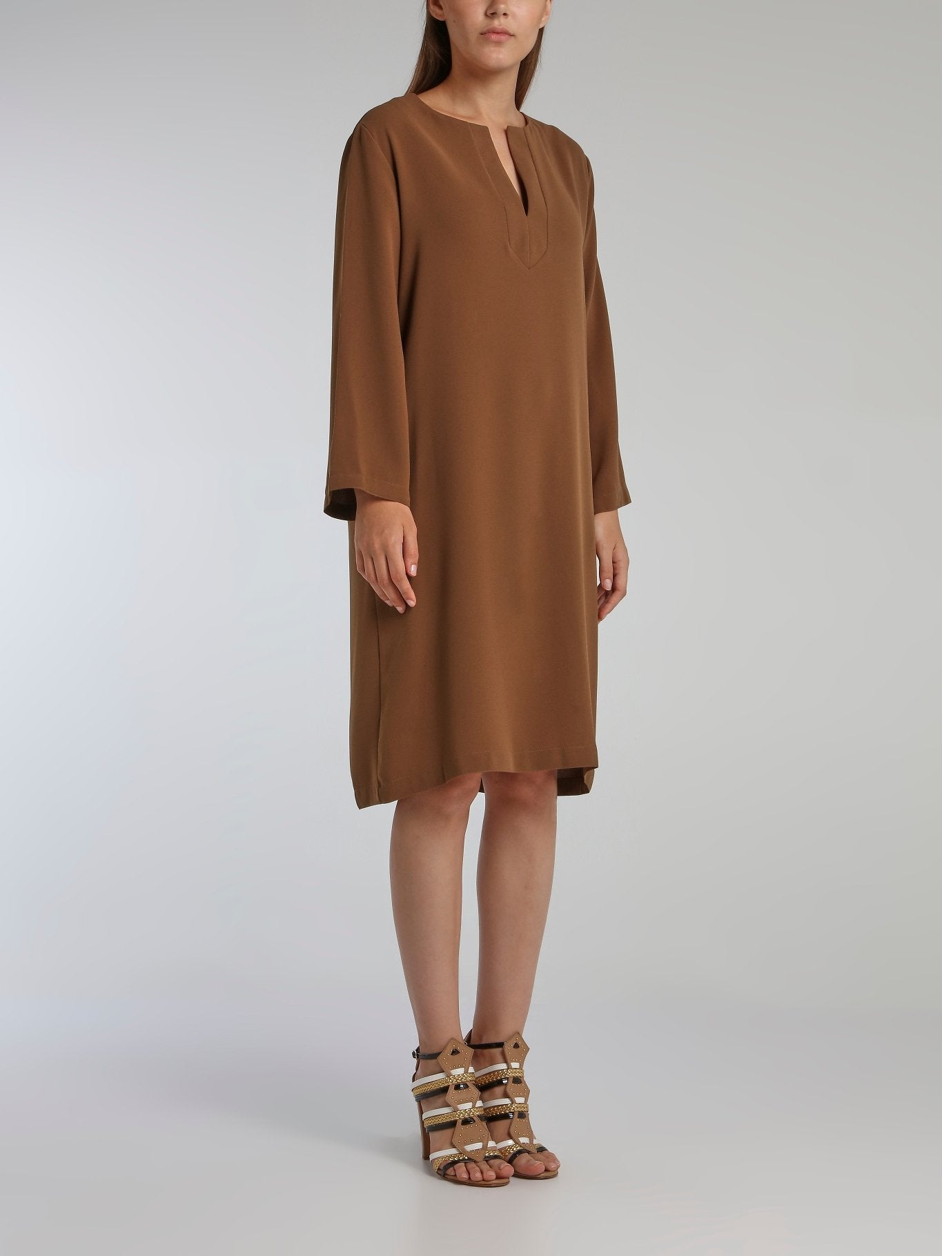 Shop Toupy Line Brown Long Sleeve Crepe Dress Online Maison B More Global Store