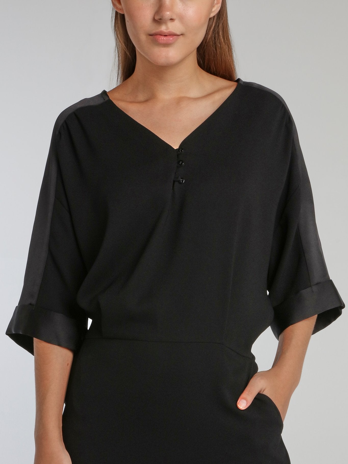 black three quarter sleeve mini dress V-Neck Three-Quarter Sleeve Velvet Mini Dress Black / L