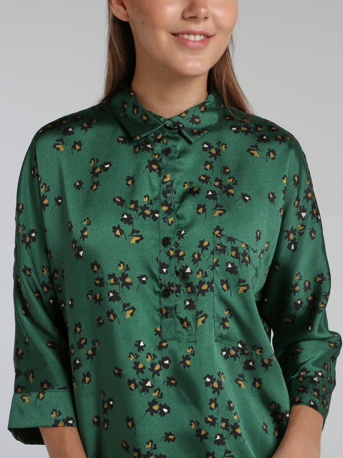 Victori Green Leaf Print Shirt