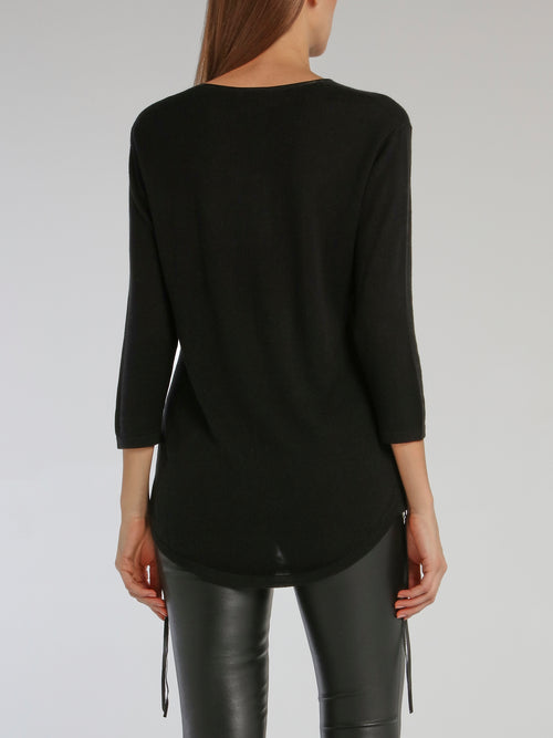 Black Leather Panel Pullover