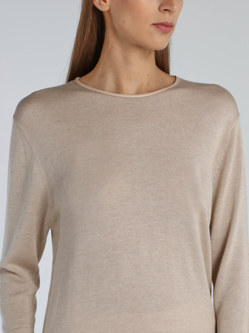 Beige Leather Panel Pullover