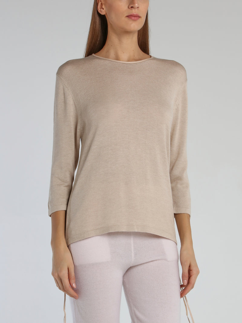 Beige Leather Panel Pullover