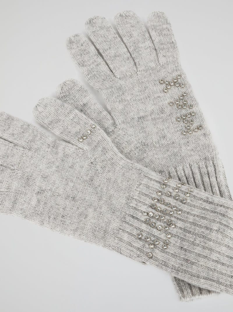 Grey Strass Embellished Gloves