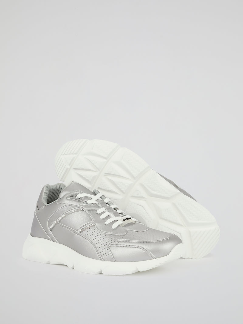 Silver Perforated Leather Sneakers