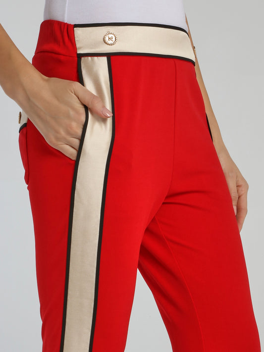 Red Button Detail Waistband Pants