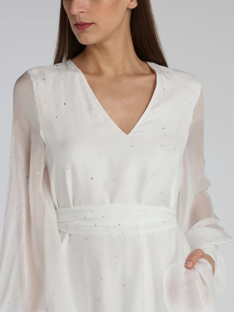 White Bishop Sleeve Studded Midi Dress
