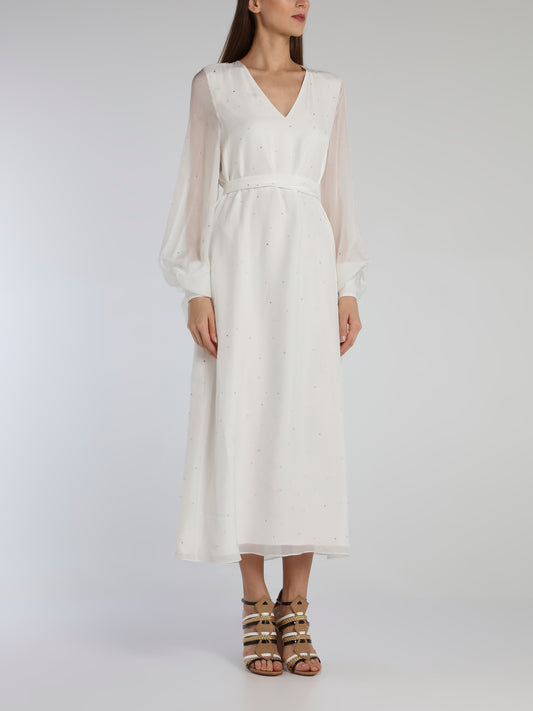 White Bishop Sleeve Studded Midi Dress