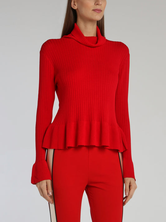 Red Cowl Neck Peplum Sweater Top