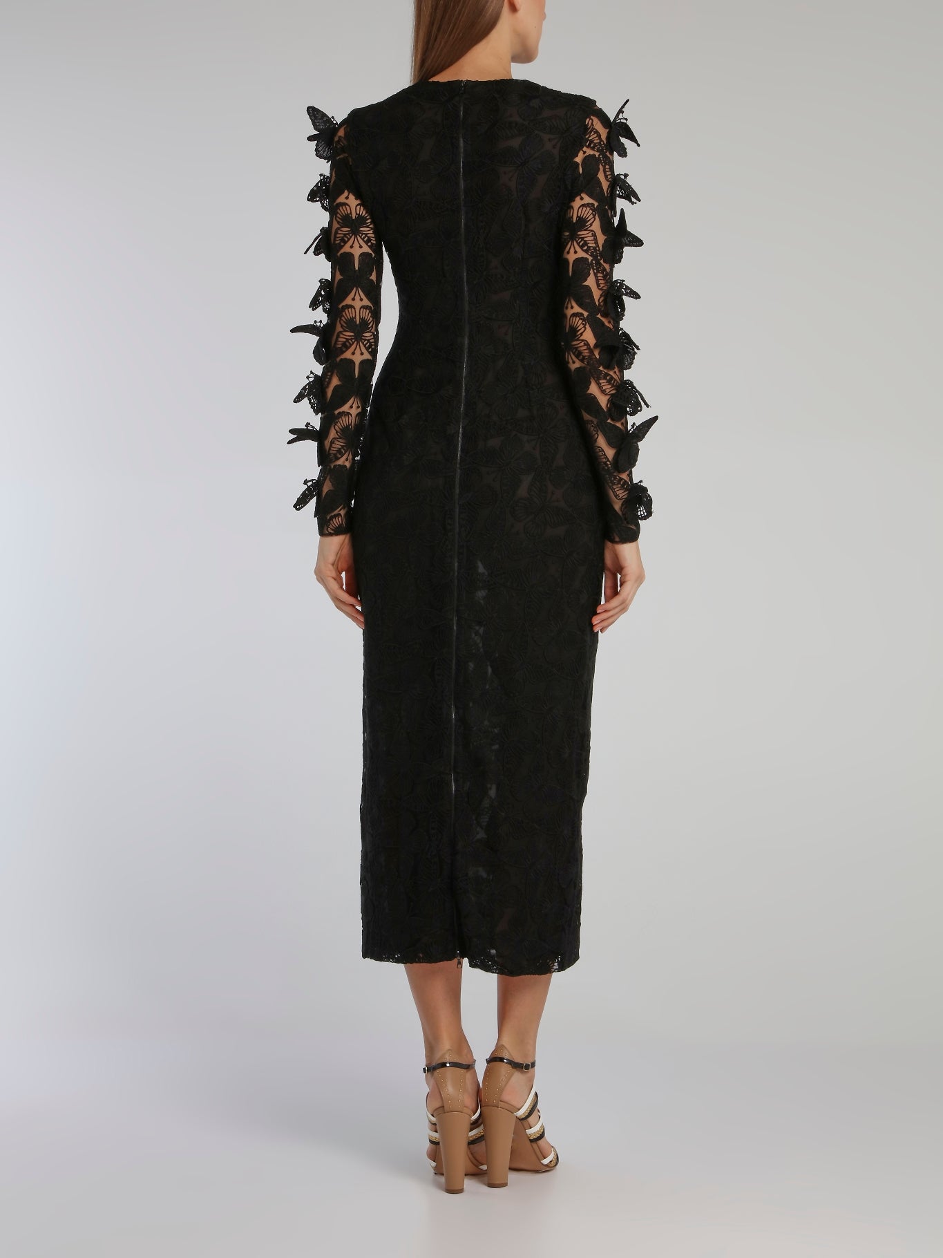 David Koma Black Butterfly Macrame Pencil Midi Dress 12 / Black David Koma Black Butterfly Macrame Pencil Midi Dress 12 / Black