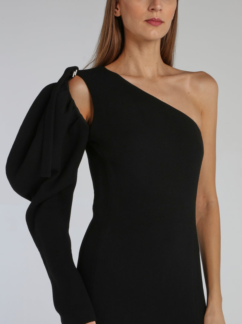 Black Puff Sleeve Wool Crepe Midi Dress