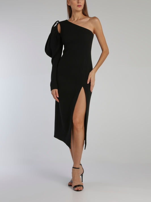 Black Puff Sleeve Wool Crepe Midi Dress