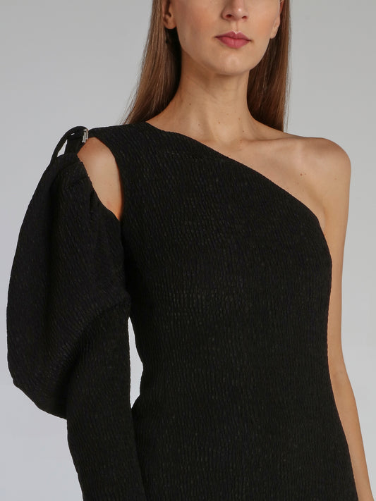 Black Puff Sleeve Cloque Midi Dress