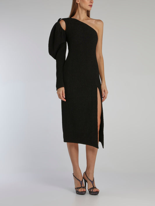 Black Puff Sleeve Cloque Midi Dress
