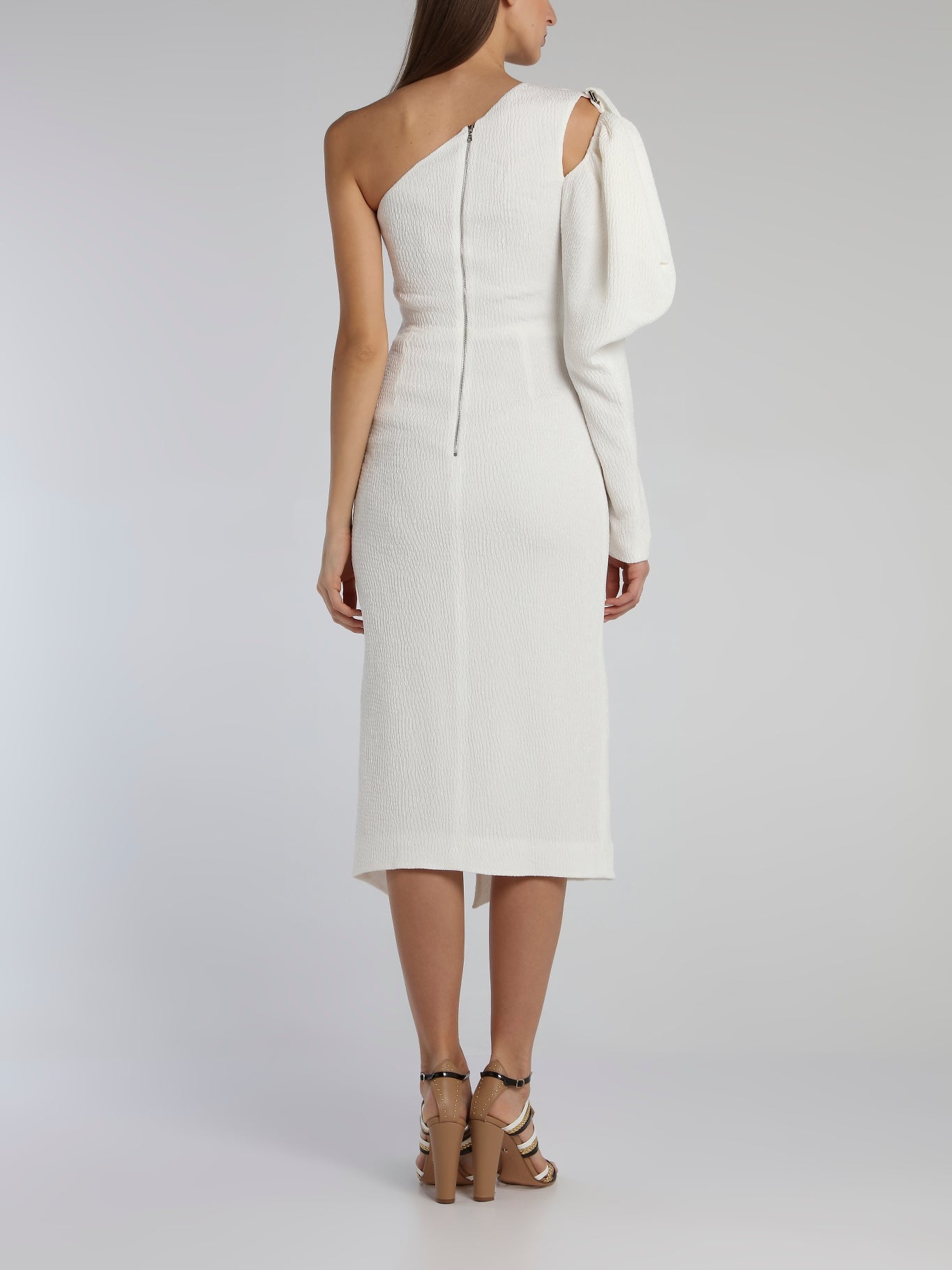 White Puff Sleeve Cloque Midi Dress