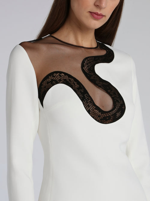 White Snake Lace Chest Panel Mini Dress
