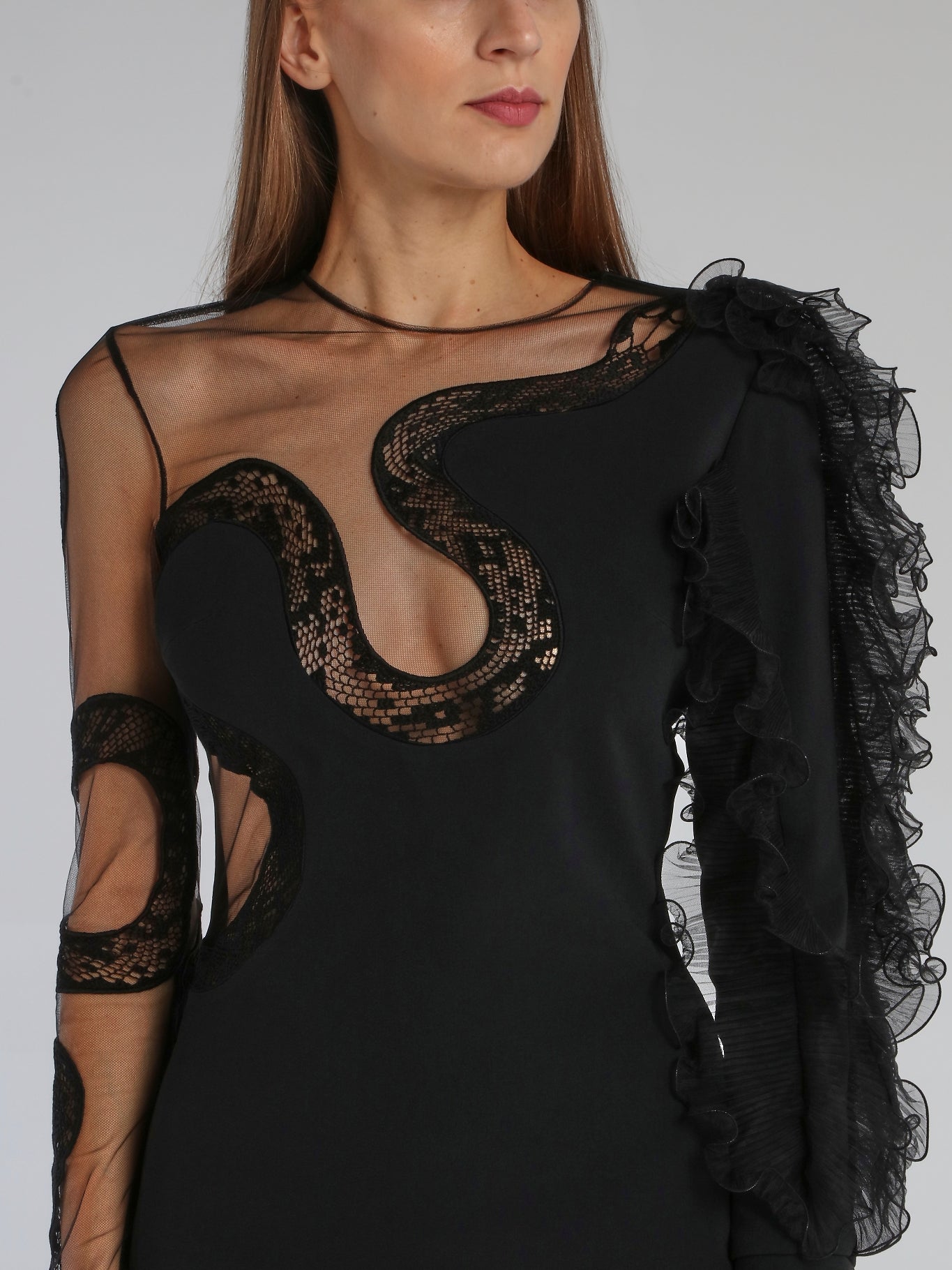 David Koma Black Snake Lace Ruffle Mini Dress 10 / Black David Koma Black Snake Lace Ruffle Mini Dress 10 / Black