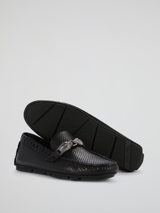 Black Reptilian Buckle Loafers