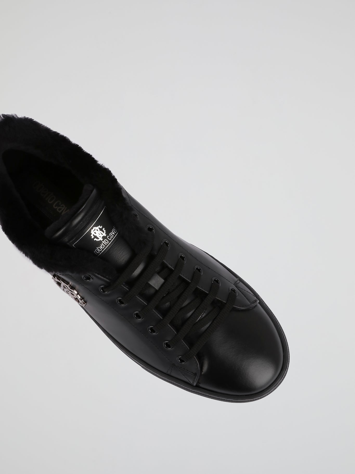 Black Fur Trim Leather Sneakers