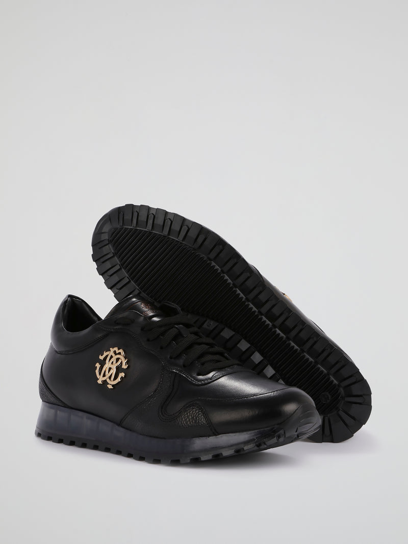 Black Textured Panel Leather Sneakers
