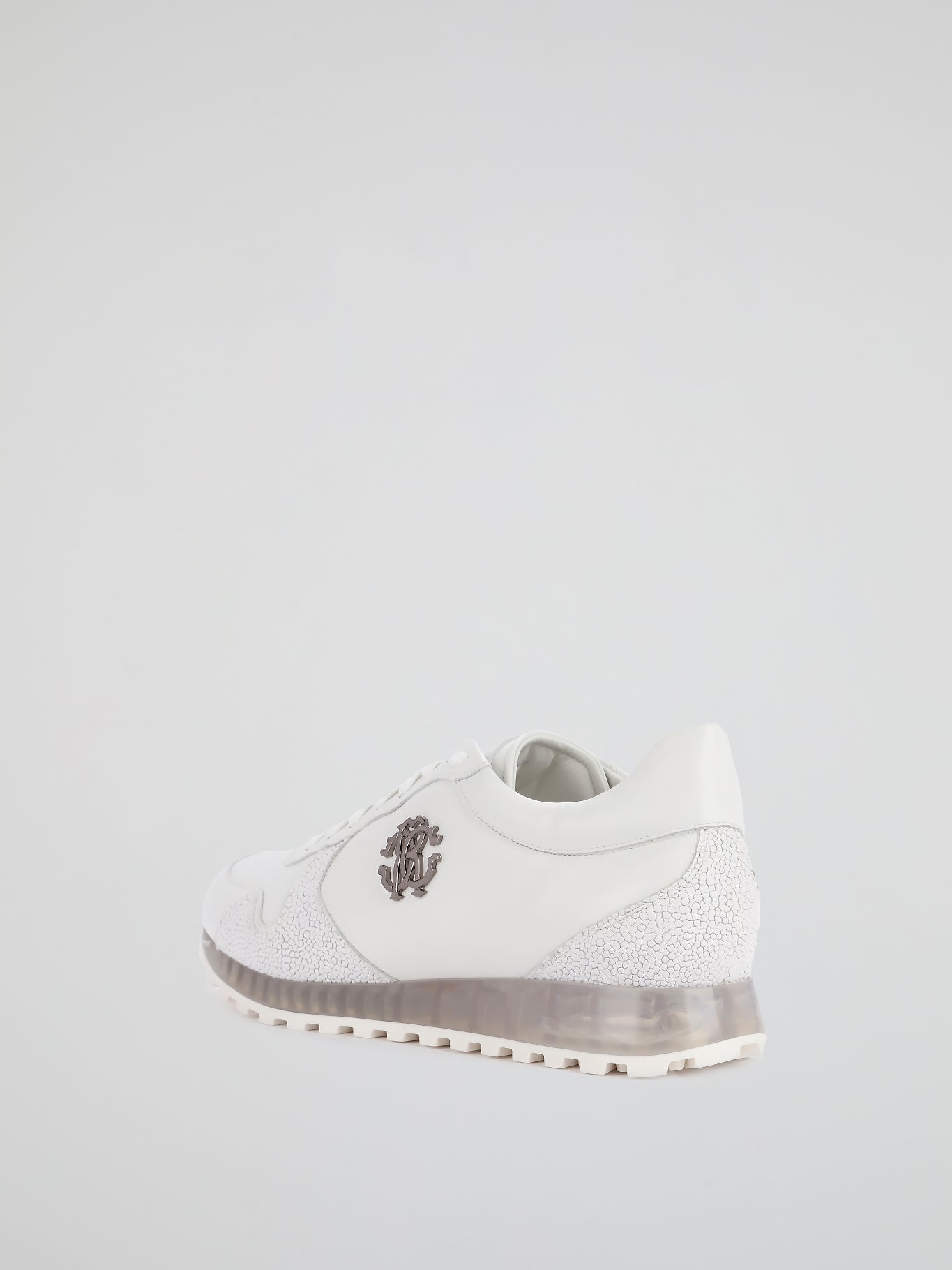 White Textured Panel Leather Sneakers
