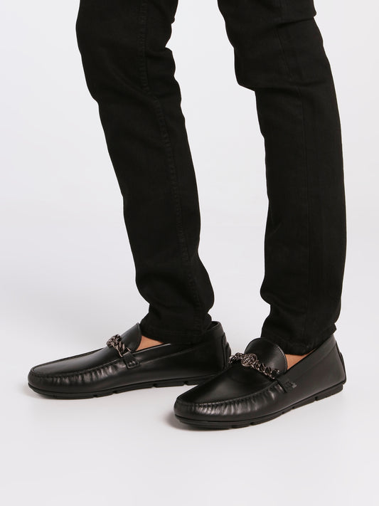 Black Chain Monogram Leather Loafers