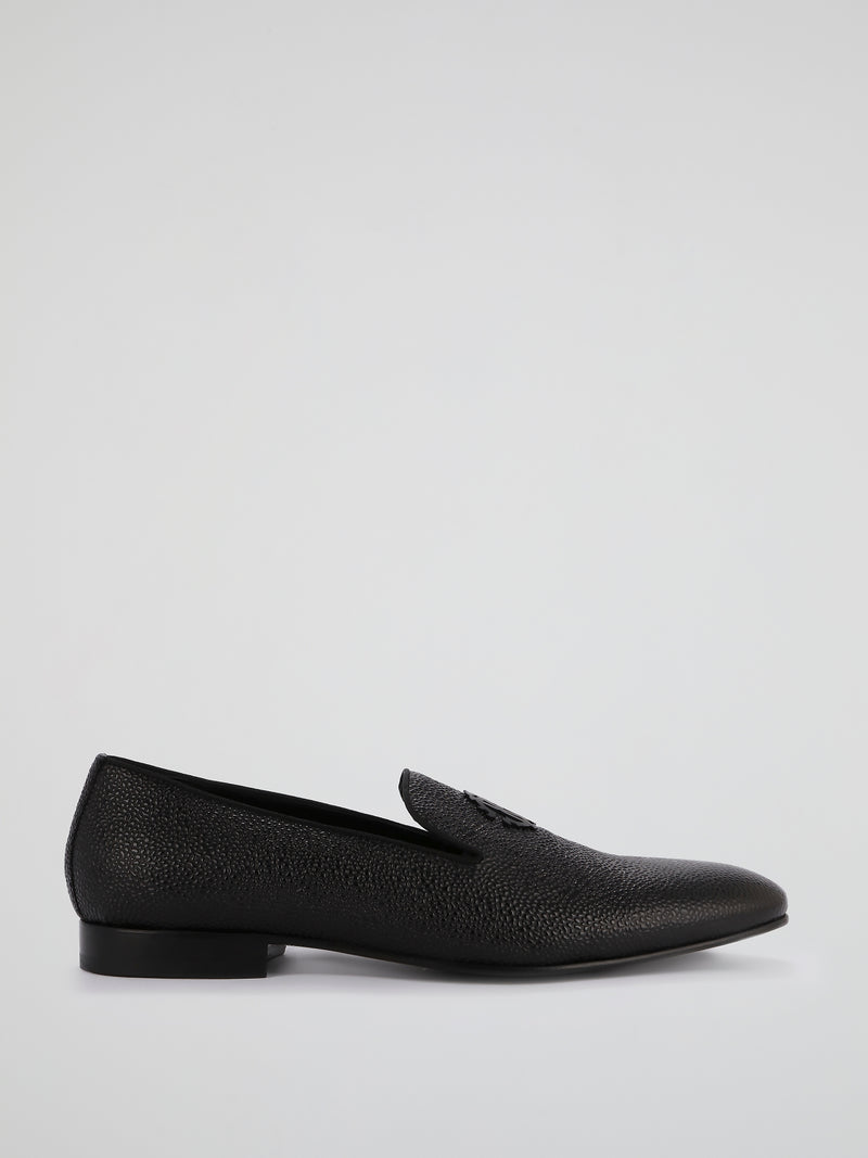 Black Cloqué Leather Loafers