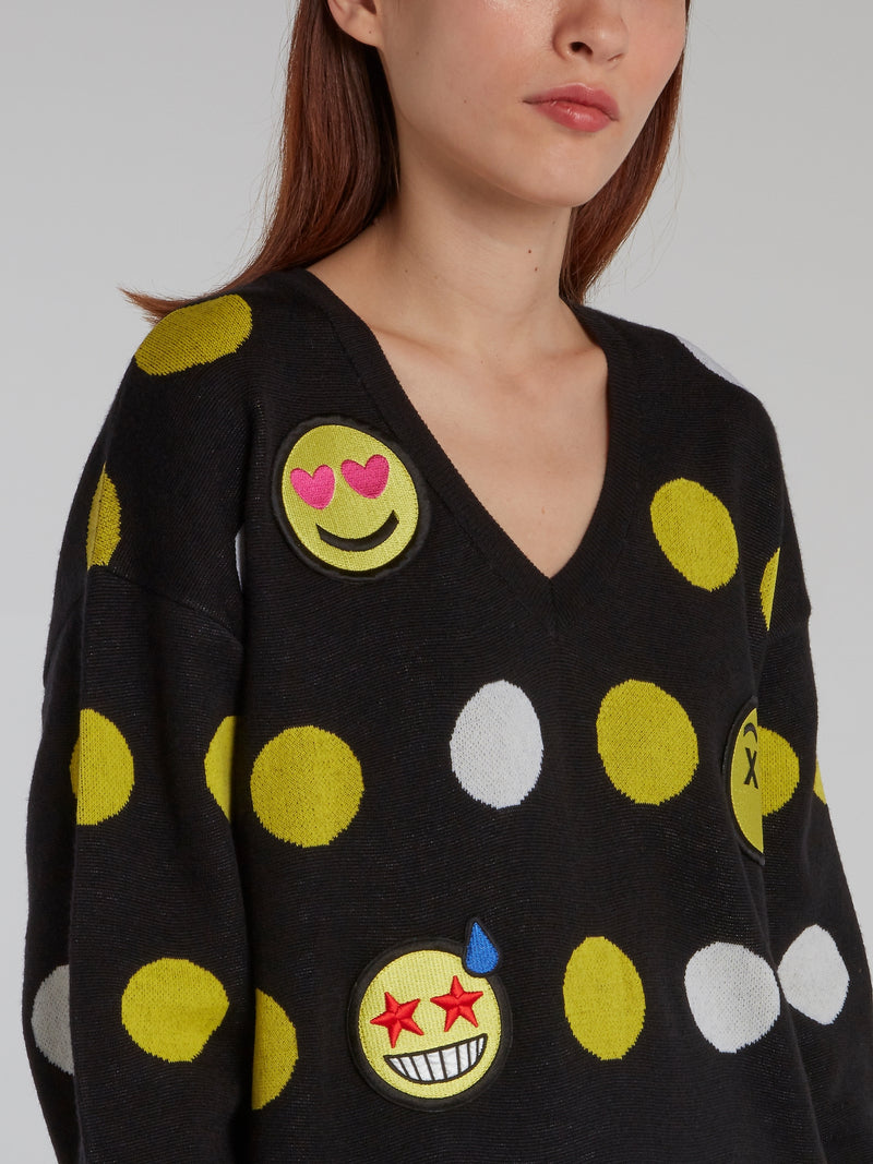 Smiley Embroidered V-Neck Pullover