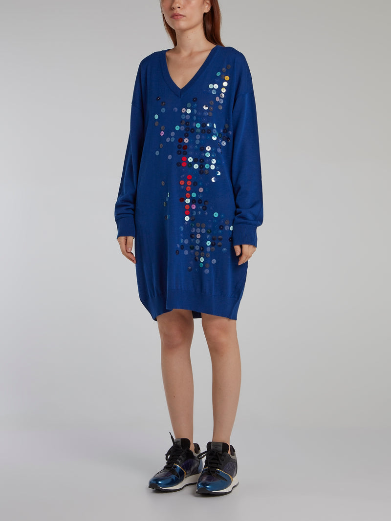 Blue Paillette Sweater Dress