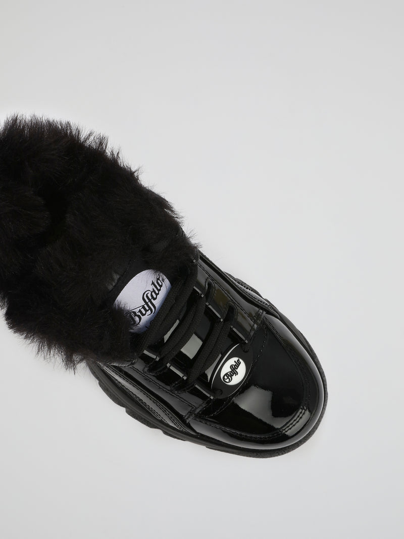 Black Fur Trim Patent Leather Sneakers