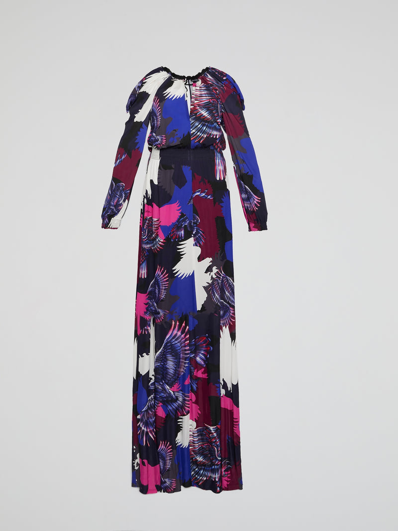 Eagle Print Shirred Waist Maxi Dress