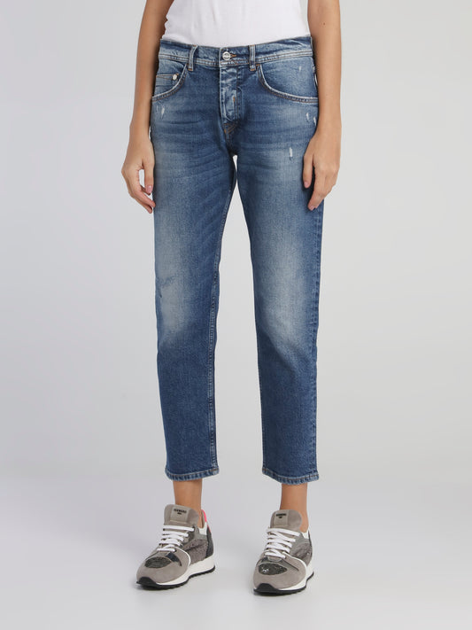 Blue Straight Cut Distressed Capri Jeans