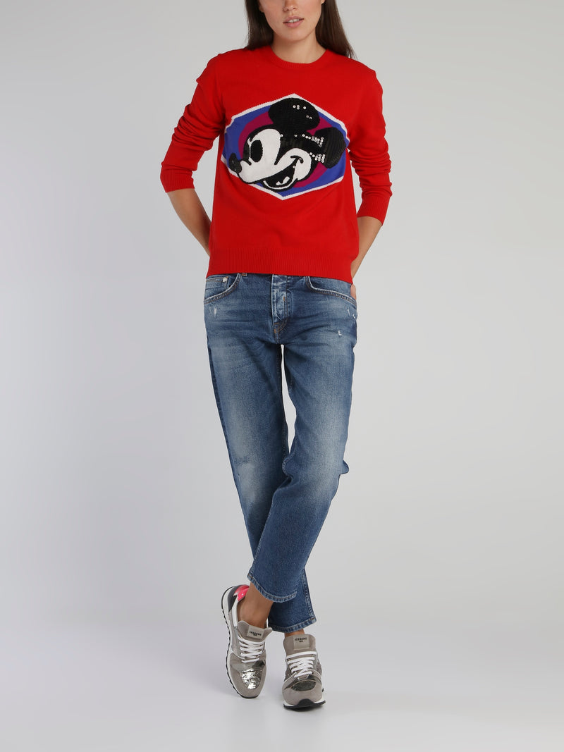 Red Mickey Mouse Crewneck Knitted Sweater
