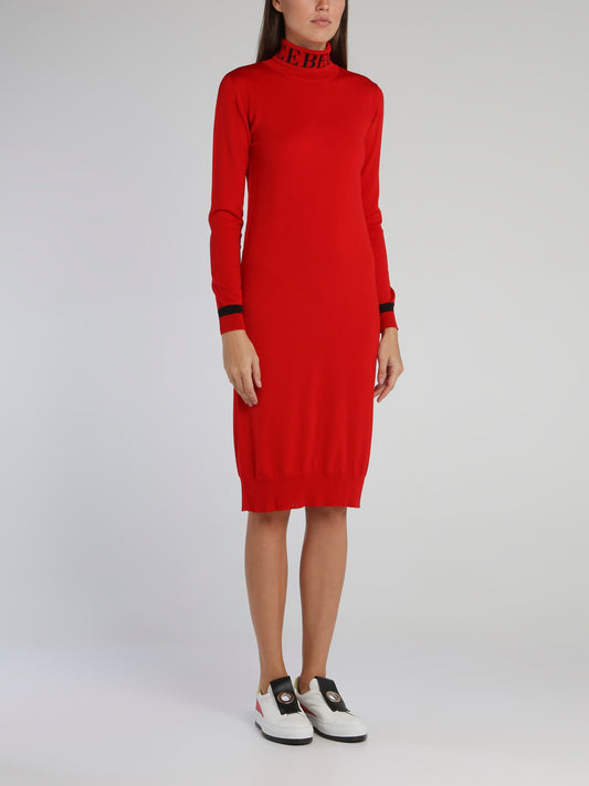 Red Logo Turtleneck Knitted Dress