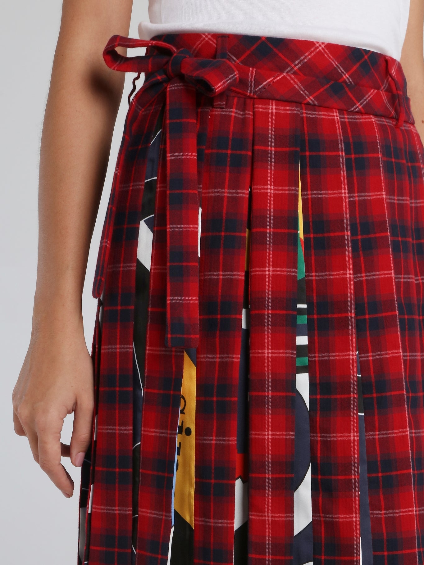 Red Check Pleated Asymmetric Skirt