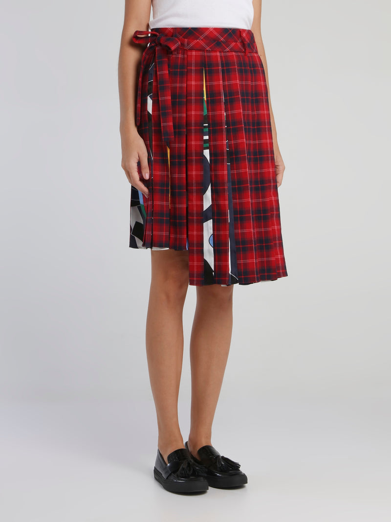 Red Check Pleated Asymmetric Skirt