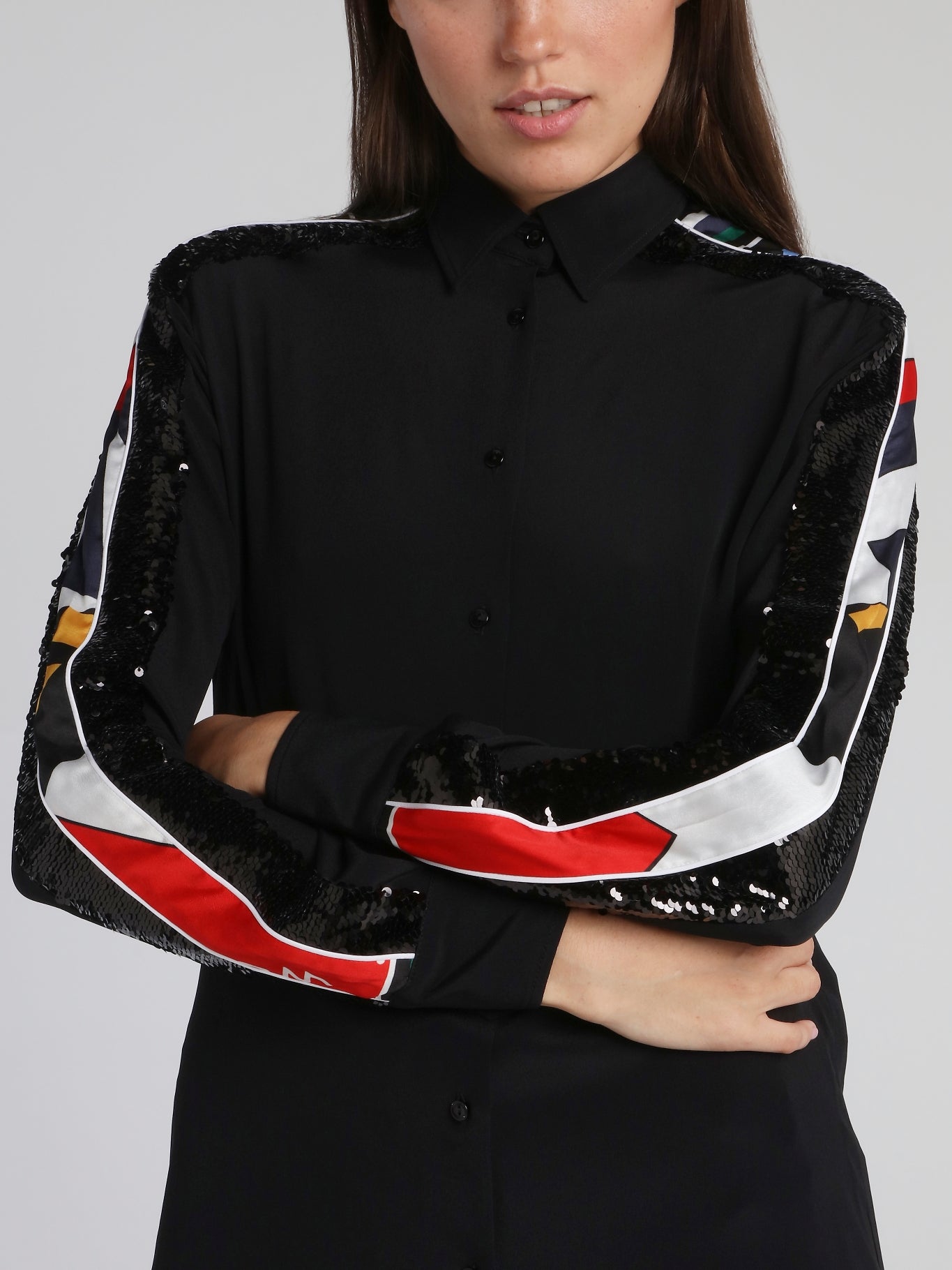 Black Sequin Panel Long Sleeve Shirt