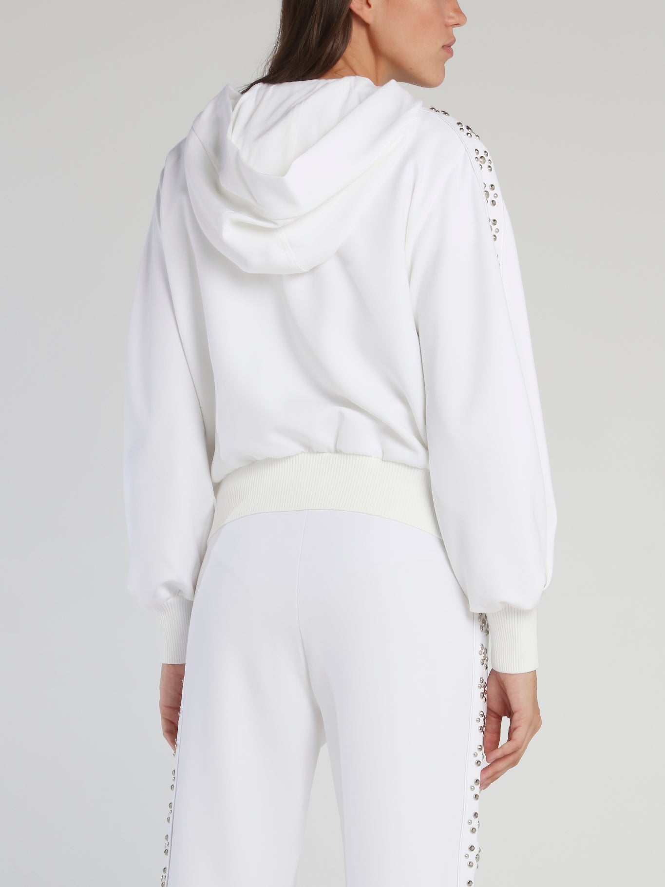 White Studded Sleeve Hooded Sweat Jacket