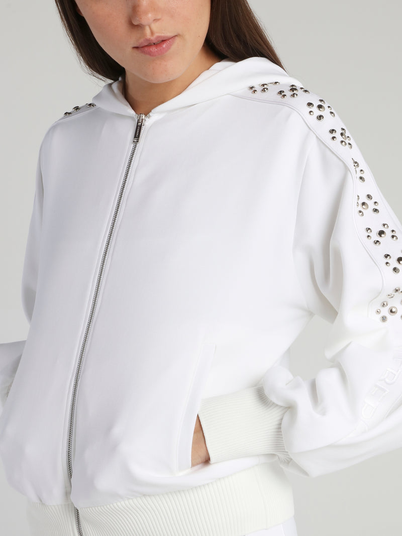 White Studded Sleeve Hooded Sweat Jacket
