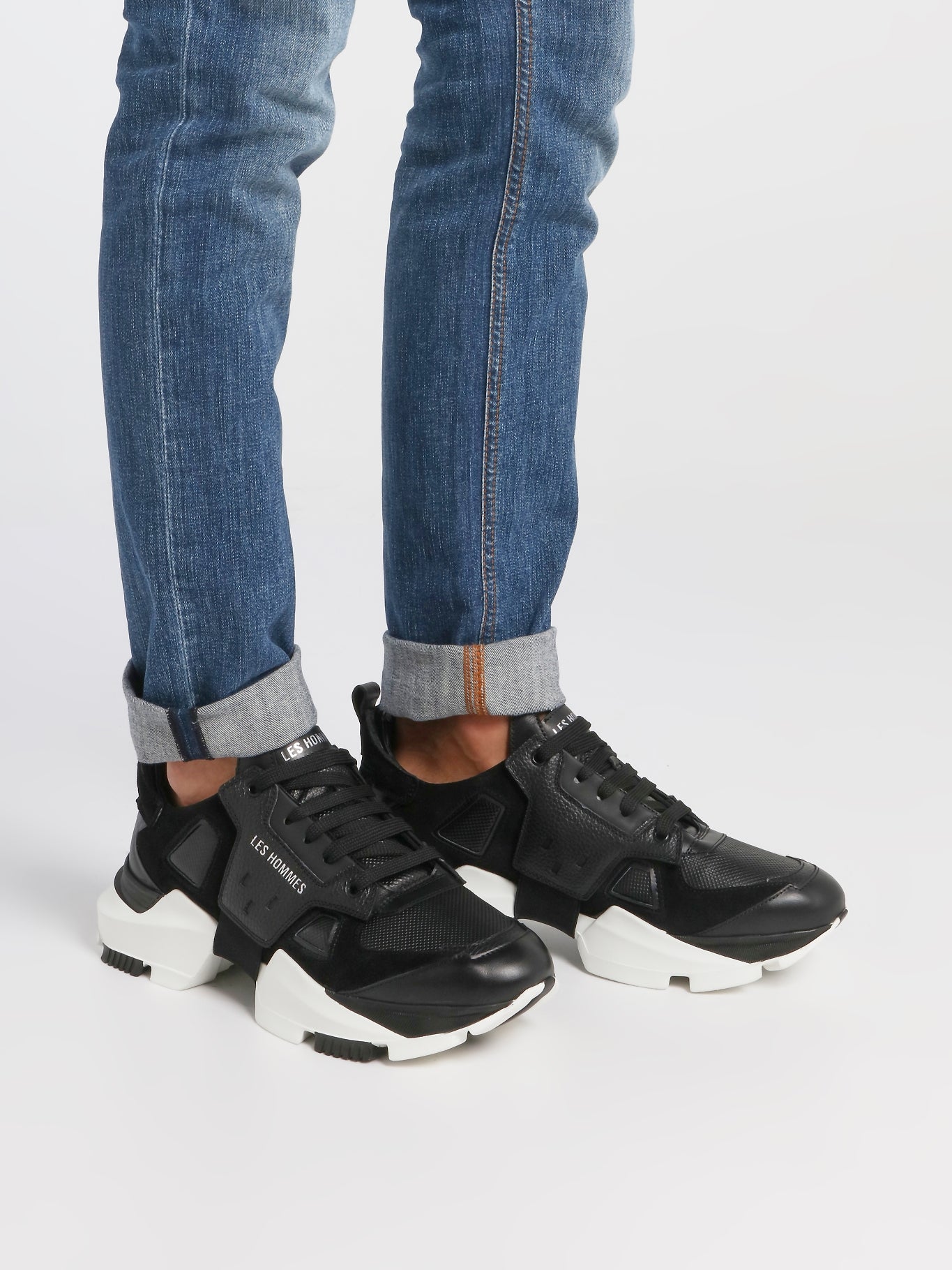 Black Chunky Sole Leather Sneakers