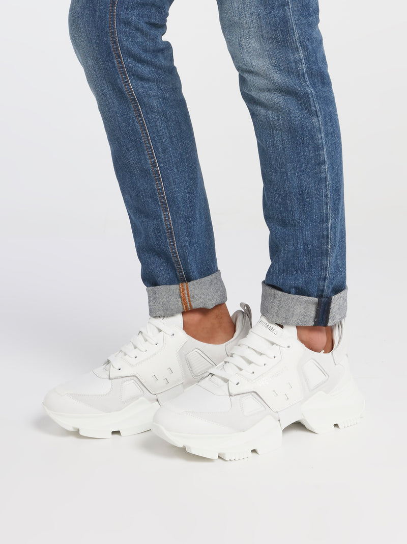 White Chunky Sole Leather Sneakers
