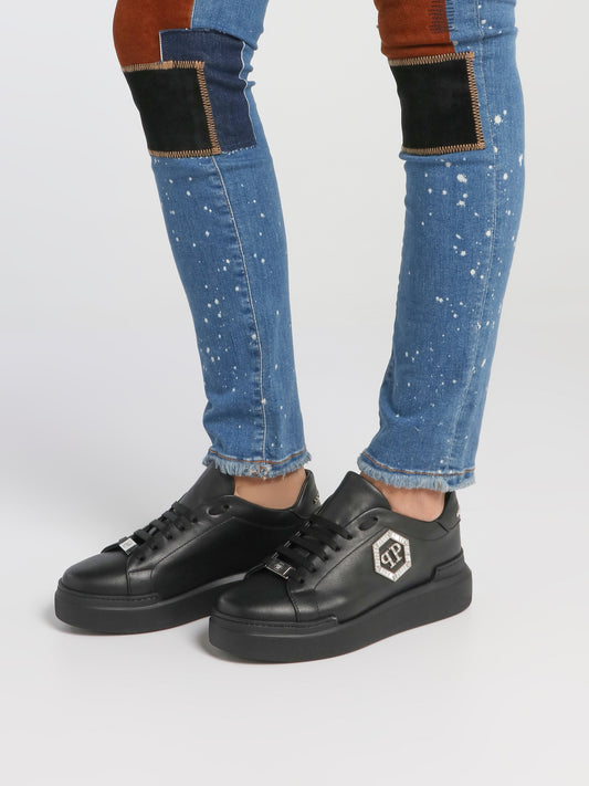 Black Crystal Monogram Leather Sneakers