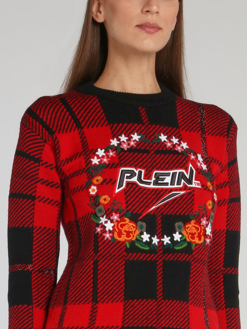Red Embroidered Tartan Pullover
