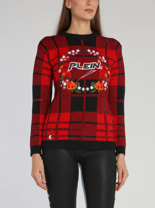 Red Embroidered Tartan Pullover