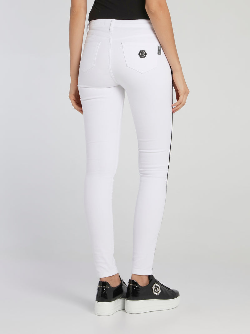 White Contrast Lining Distressed Jeggings